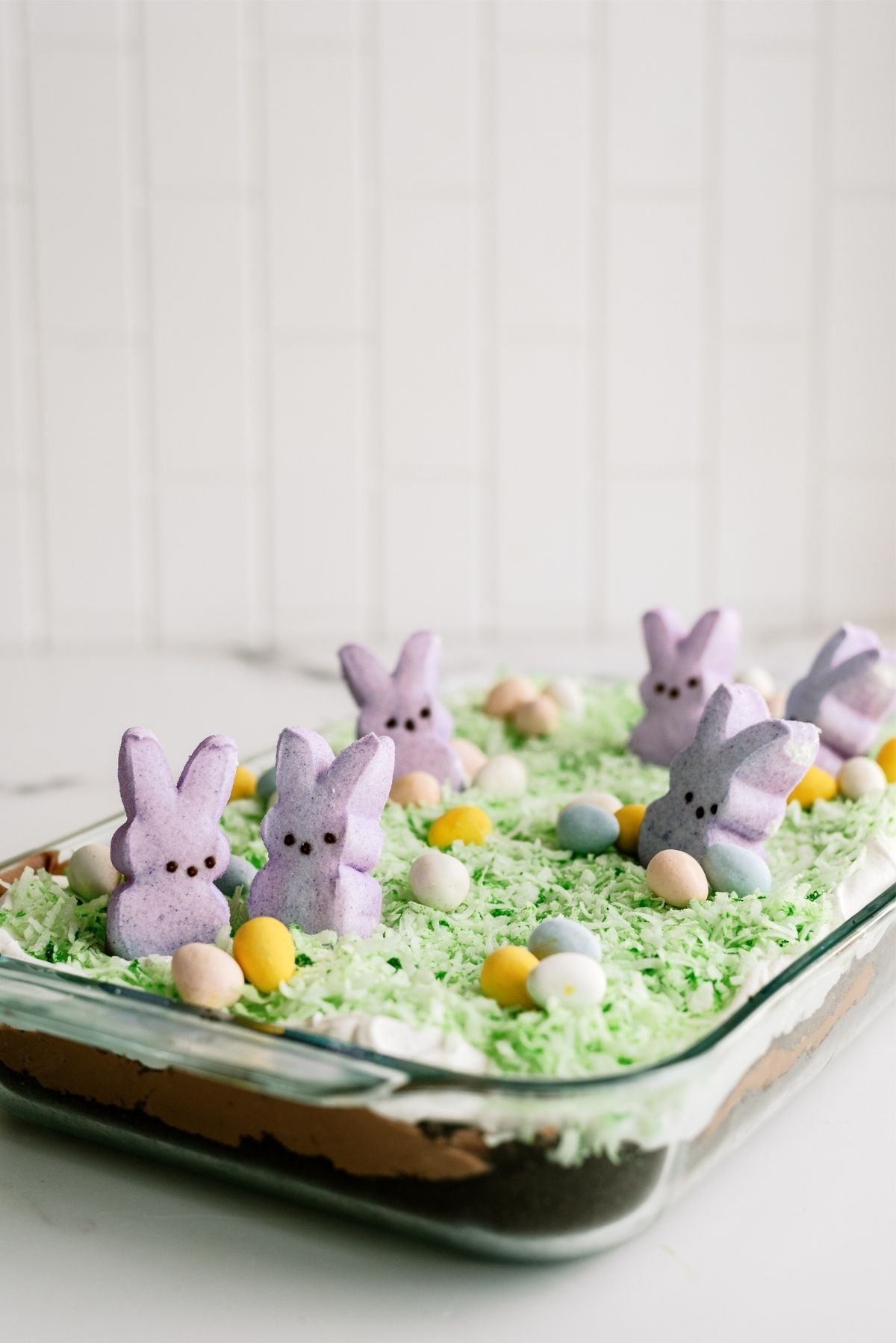 Easter Bunny Pudding Dirt Cake in baking dish