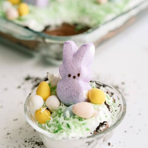 A serving of Easter Bunny Pudding Dirt Cake in a small plastic cup.