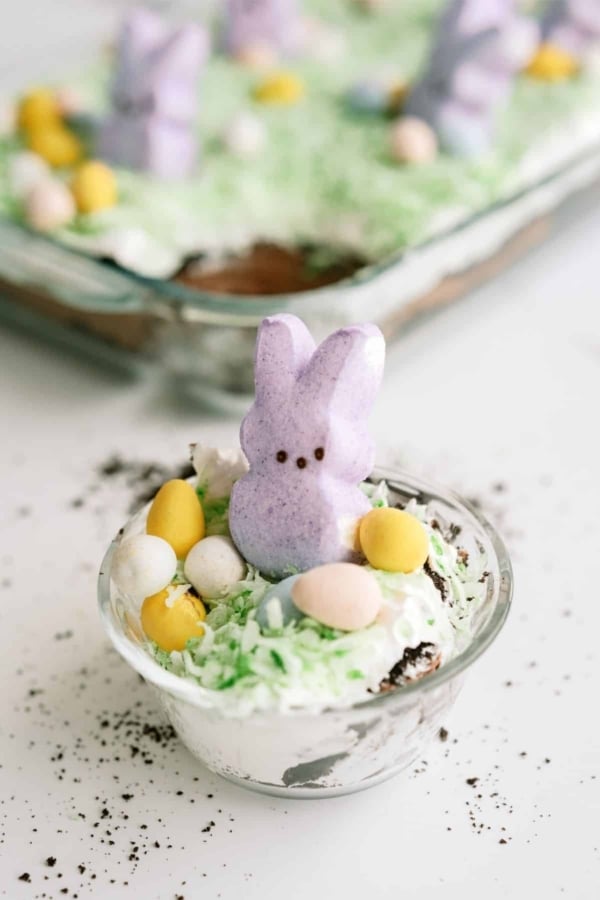 A serving of Easter Bunny Pudding Dirt Cake in a small plastic cup.