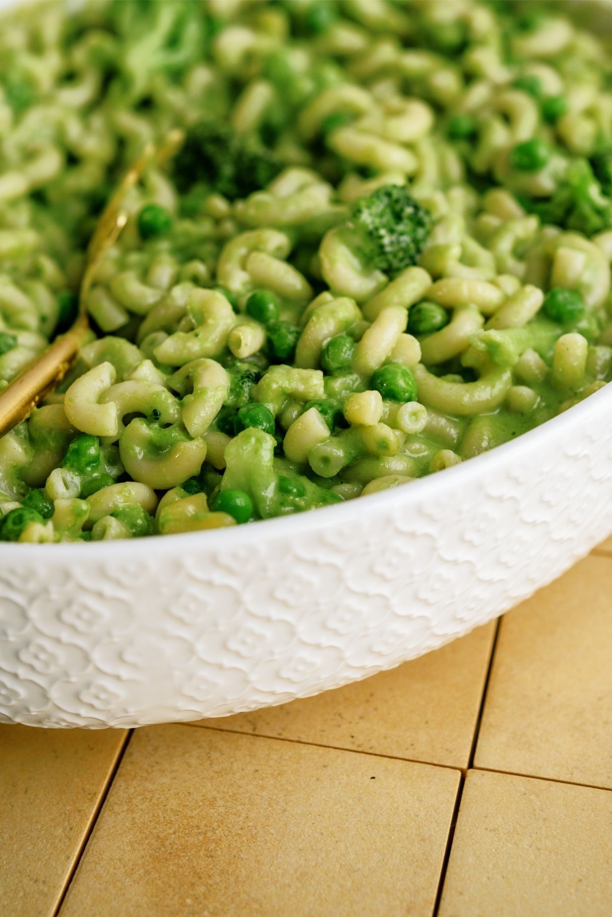 Close up of Green Mac and Cheese without Food Coloring in casserole dish