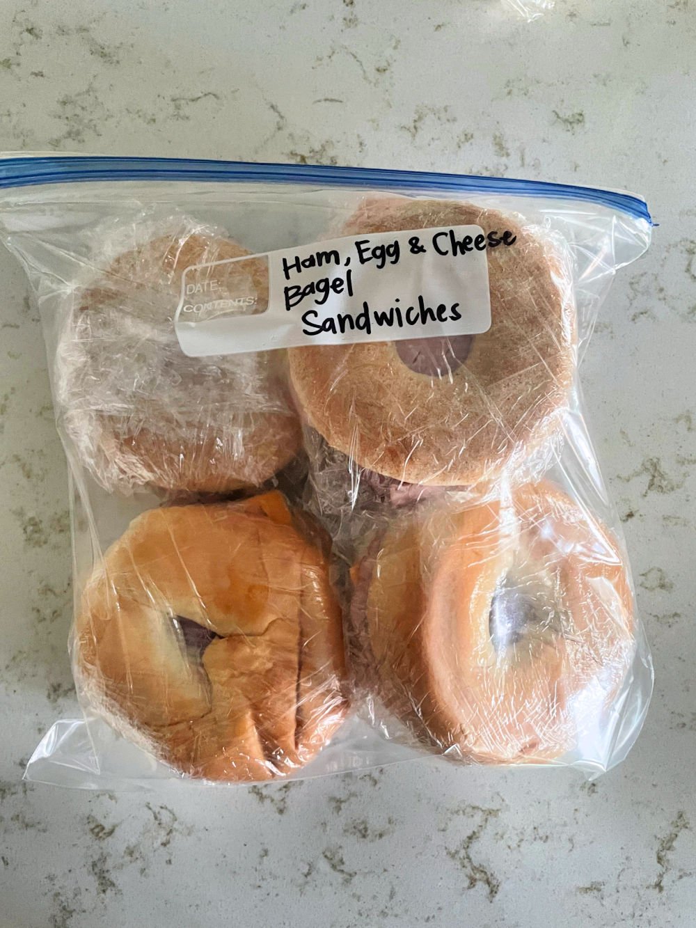 Bagel Breakfast Sandwiches wrapped and in a bag for the freezer