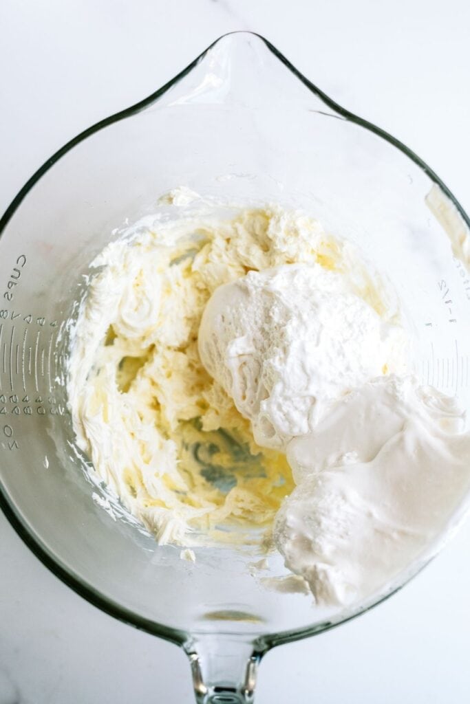 Mixing bowl with ingredients for Fluffy Marshmallow Dip.
