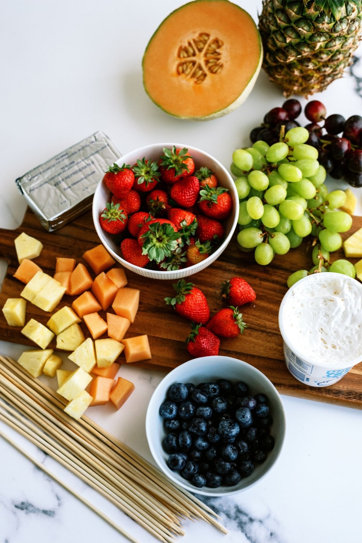 Ingredients for Rainbow Fruit Kabobs with Fluffy Marshmallow Dip