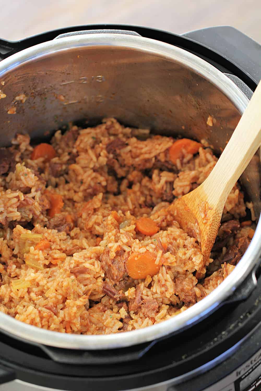 Instant Pot Beef and Rice Pilaf with Vegetables inside the Instant Pot