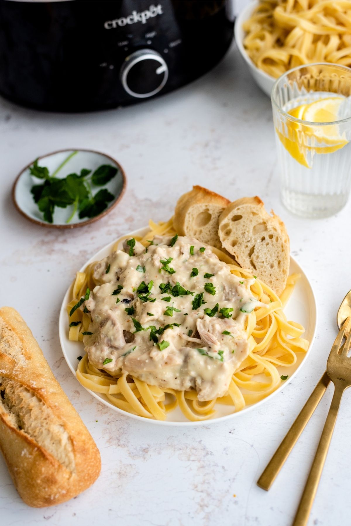 Slow Cooker Creamy Chicken Tetrazzini on a plate with a slow cooker and bread on the side