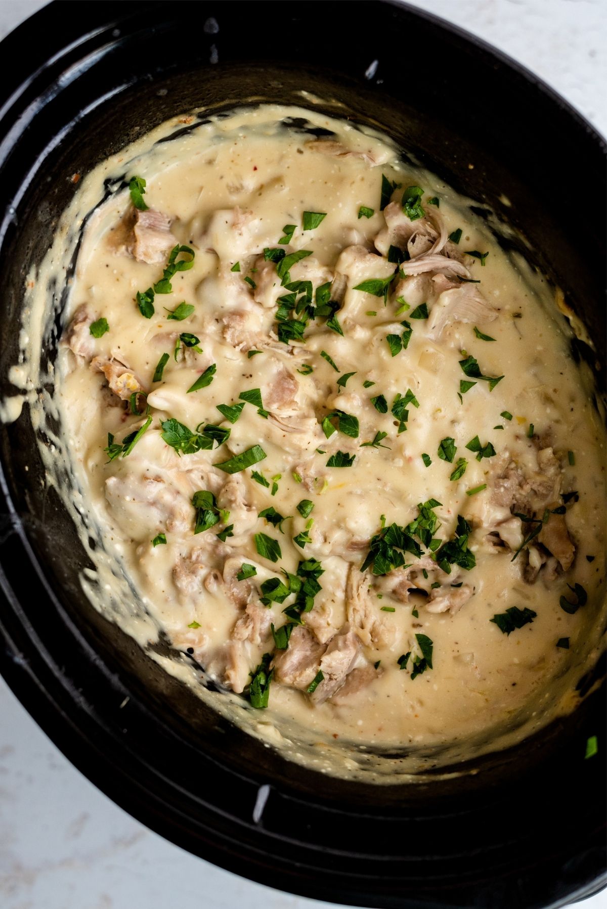 Slow Cooker Creamy Chicken Tetrazzini in the slow cooker