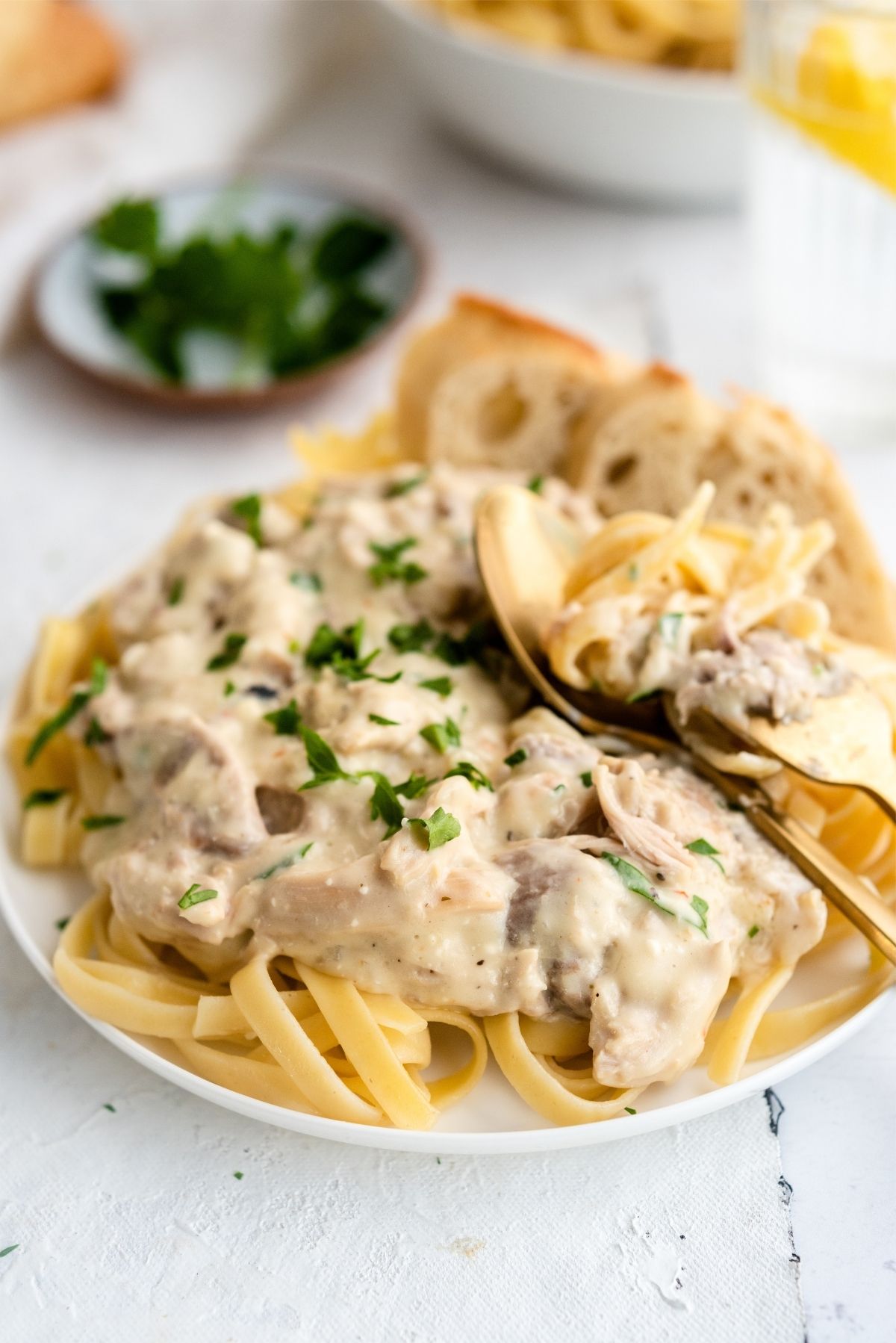 Slow Cooker Creamy Chicken Tetrazzini on a plate with a spoon
