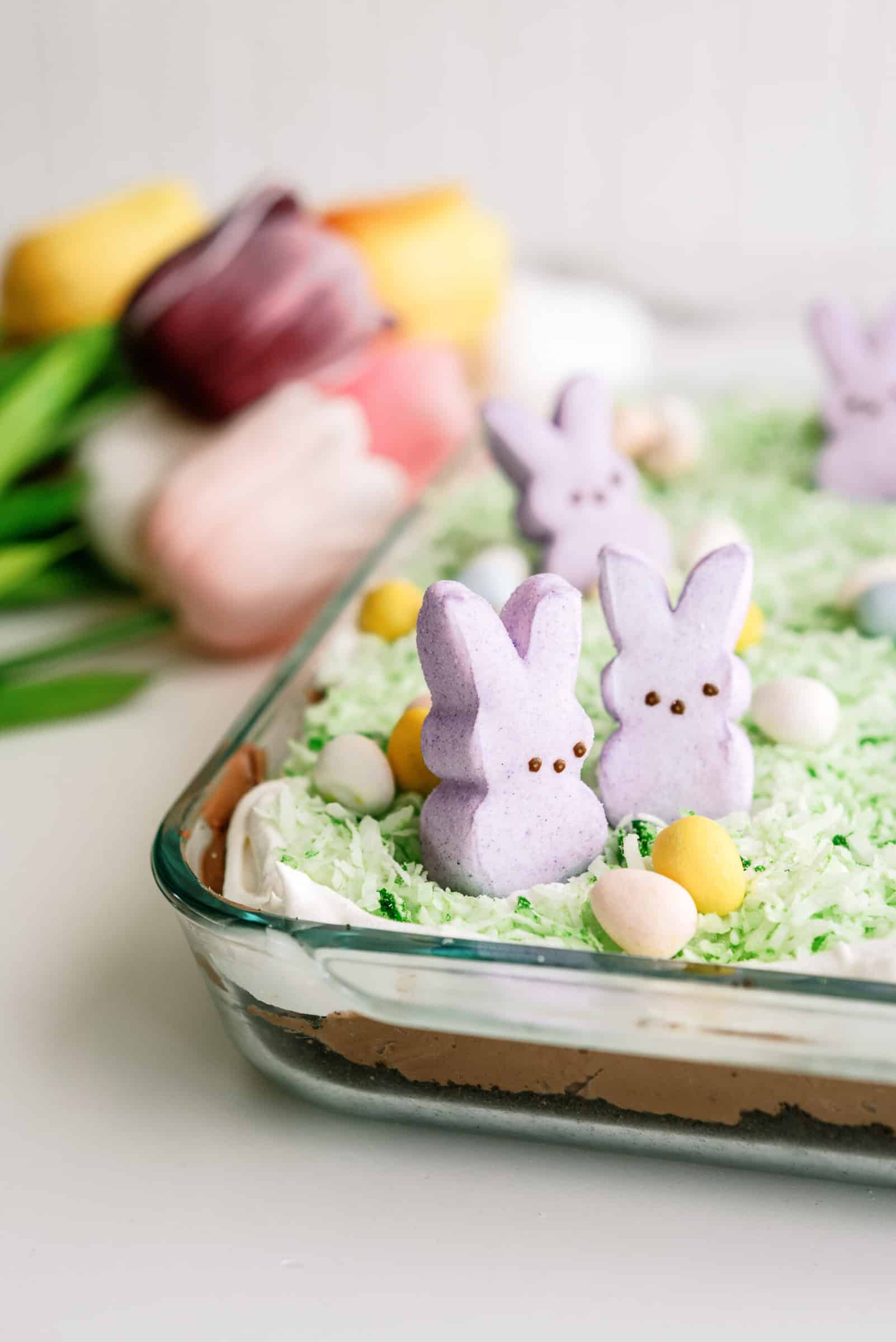 Easter Bunny Pudding Dirt Cake with bunny peeps on top.