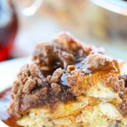 A slice of Brown Sugar Pecan Overnight French Toast Casserole on a plate.