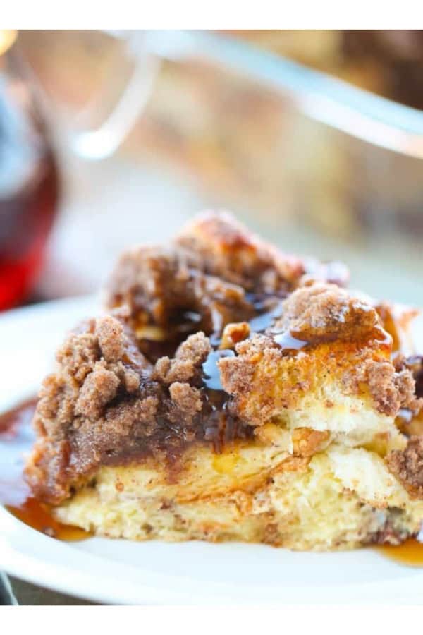 A slice of Brown Sugar Pecan Overnight French Toast Casserole on a plate.
