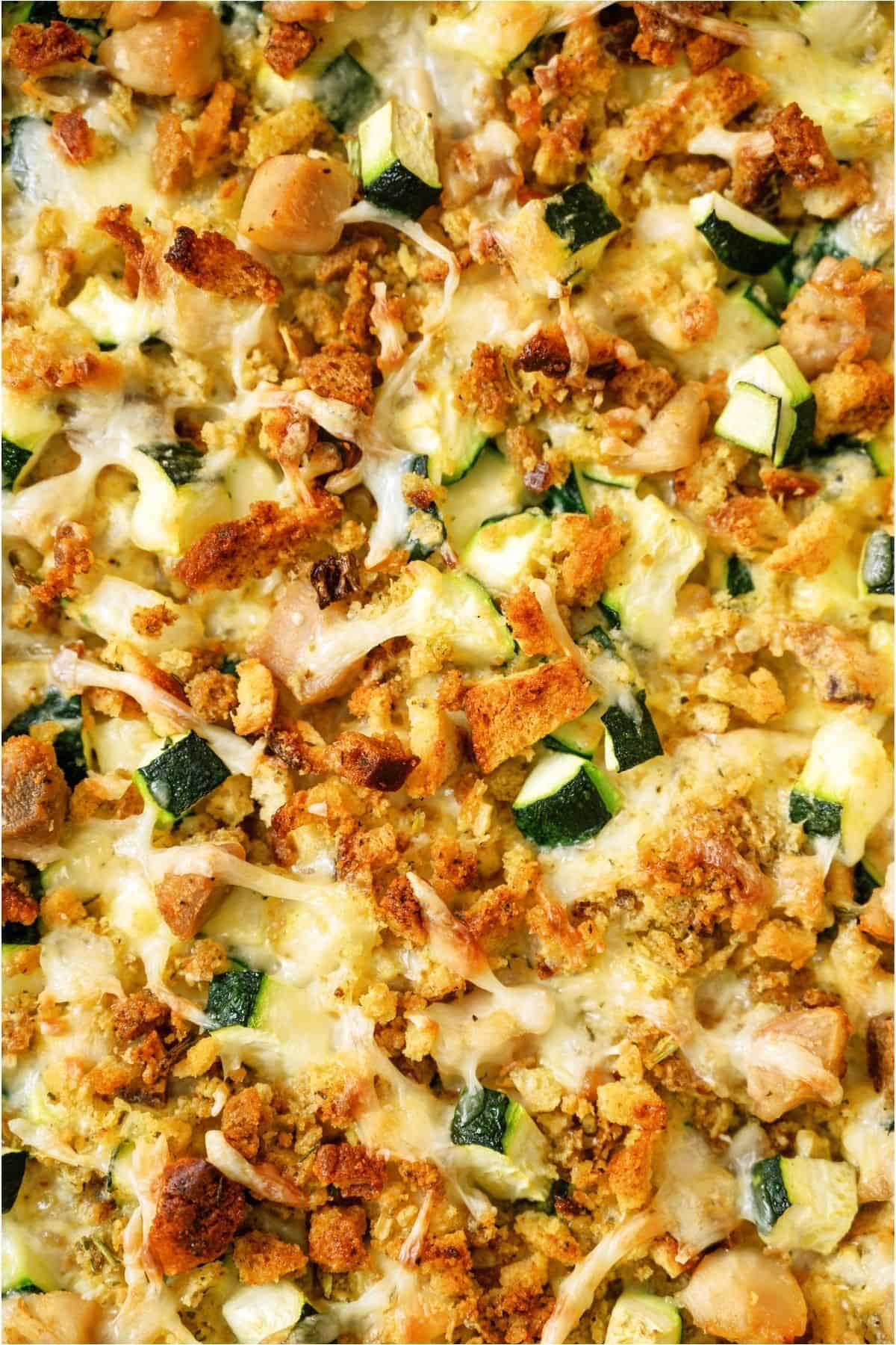Close up of the top of Chicken Zucchini Casserole in casserole dish.