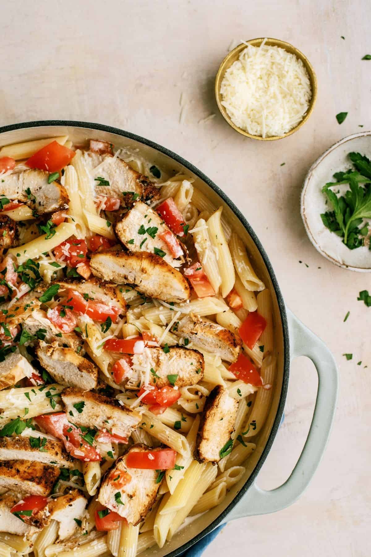 Close up of Chili’s Copycat Cajun Chicken Pasta in a large skillet