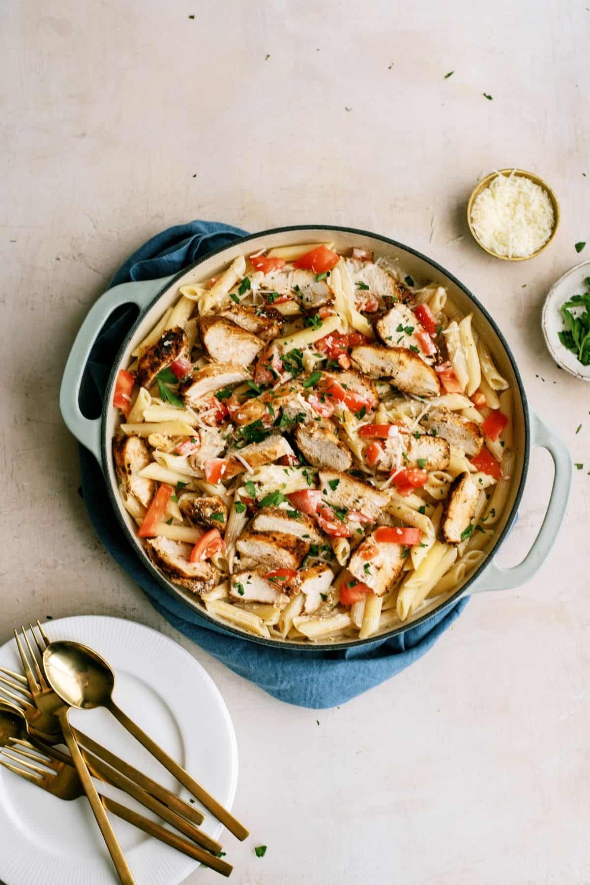 A pan of Chili’s Copycat Cajun Chicken Pasta 