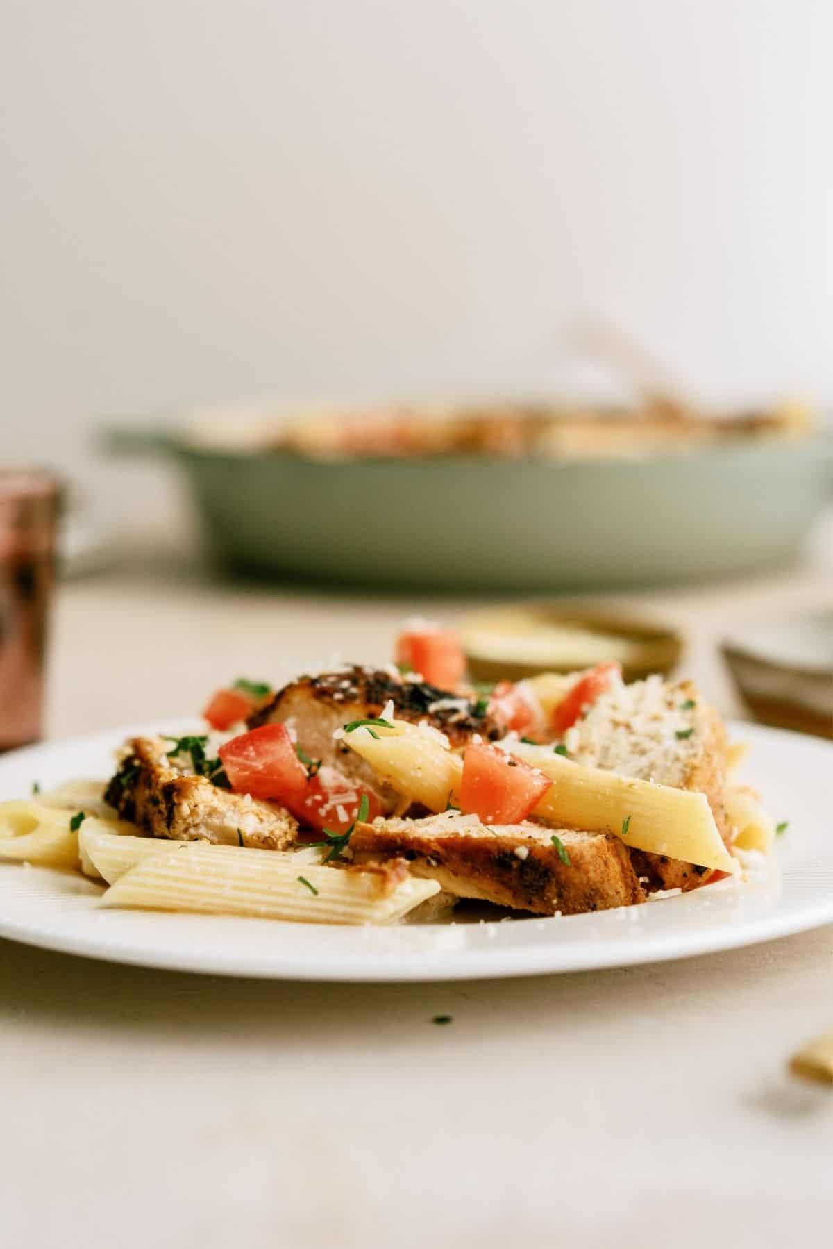 Side view of a plate of Chili’s Copycat Cajun Chicken Pasta