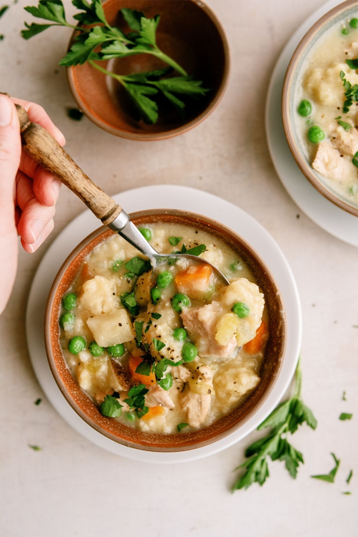  A bowl of Easy Instant Pot Chicken and Dumplings with a spoon in it
