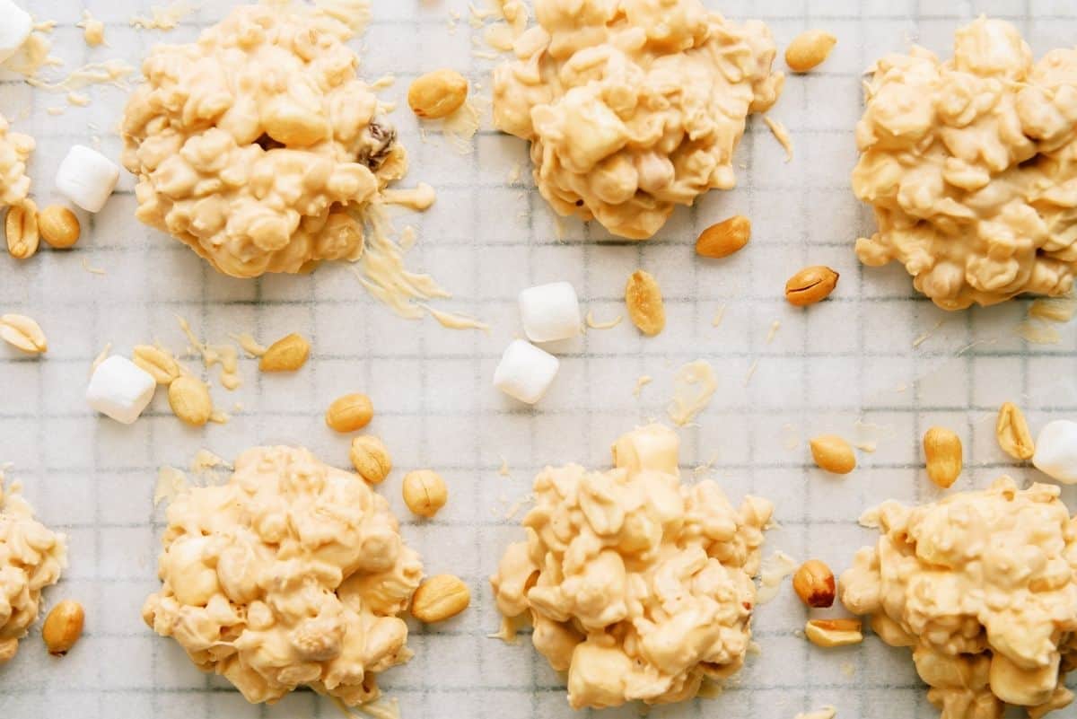 Easy No Bake Fluffernutter Cookies on a cooling rack covered with parchment paper