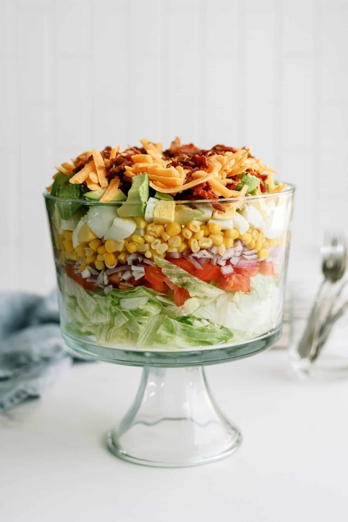 Layered Cobb Salad in trifle dish