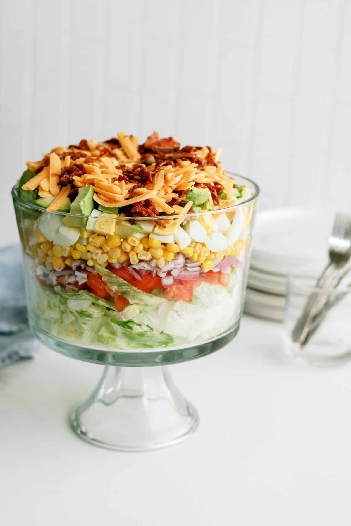 Layered Cobb Salad in a trifle dish