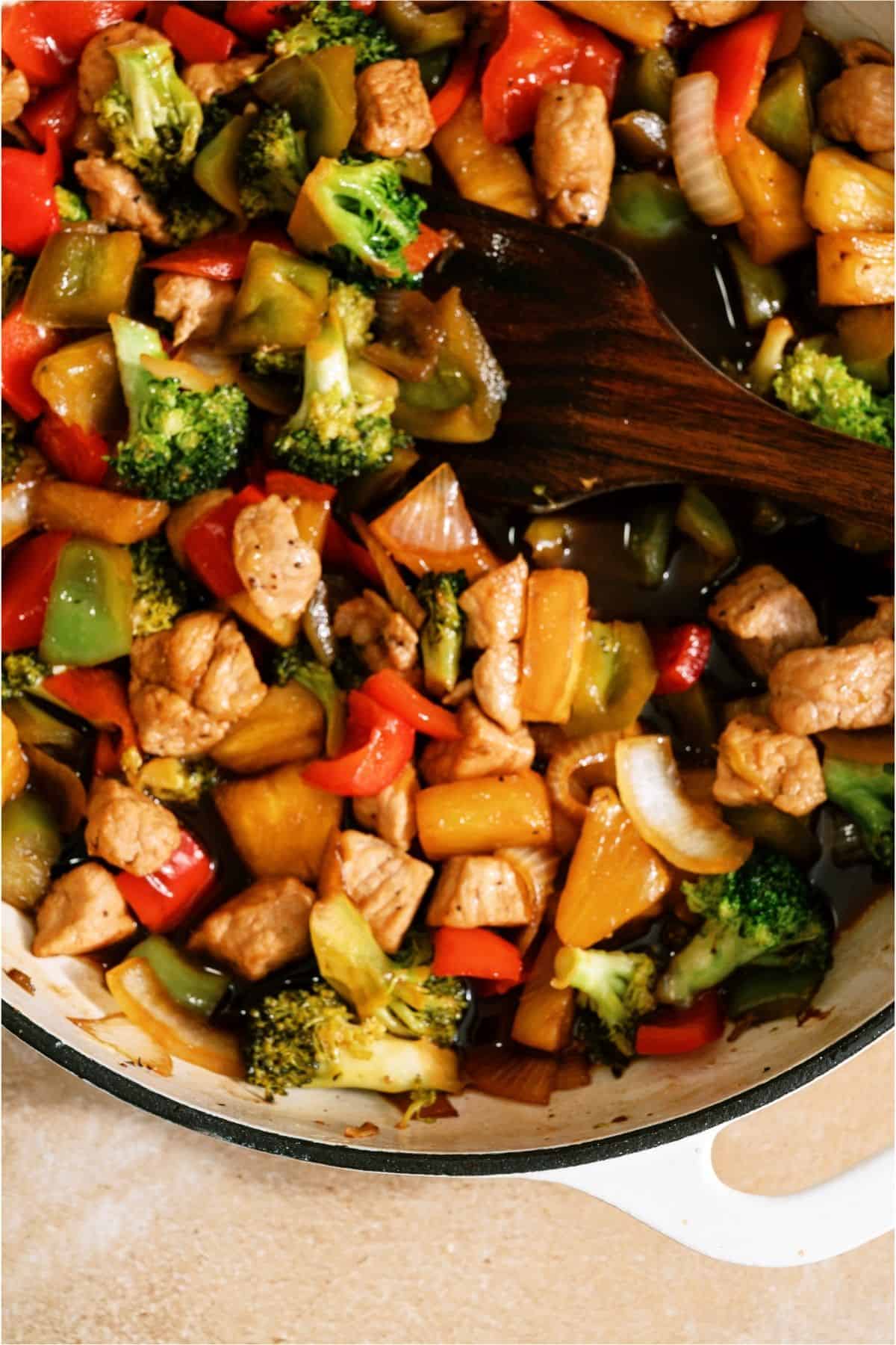 Top view of a skillet of Teriyaki Pork Stir Fry.