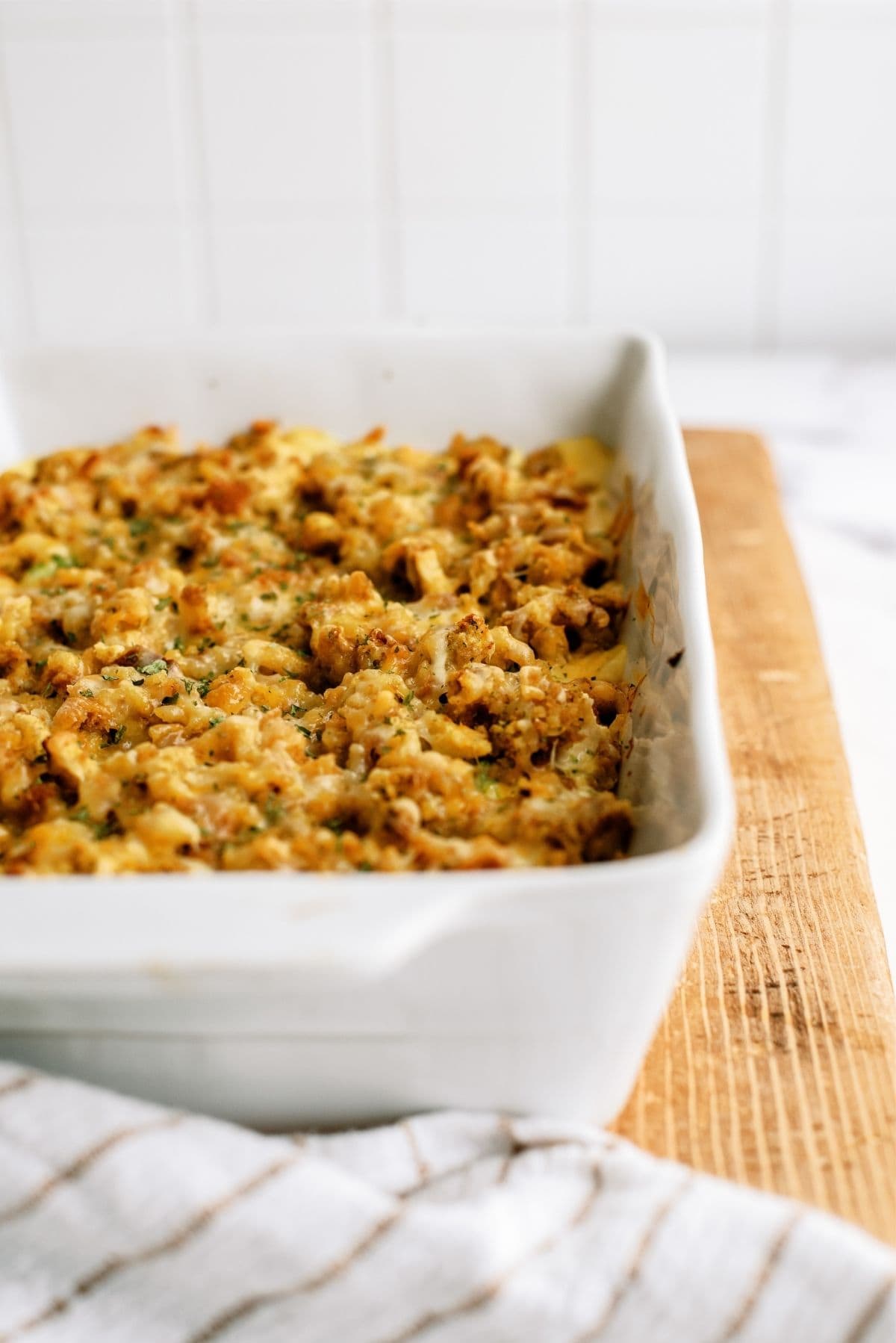 Chicken and Broccoli Stuffing Casserole in a casserole dish