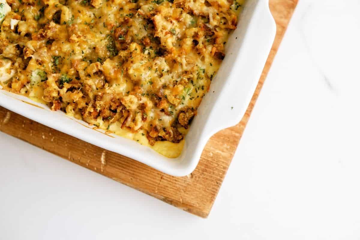 Top view of Chicken and Broccoli Stuffing Casserole in casserole dish