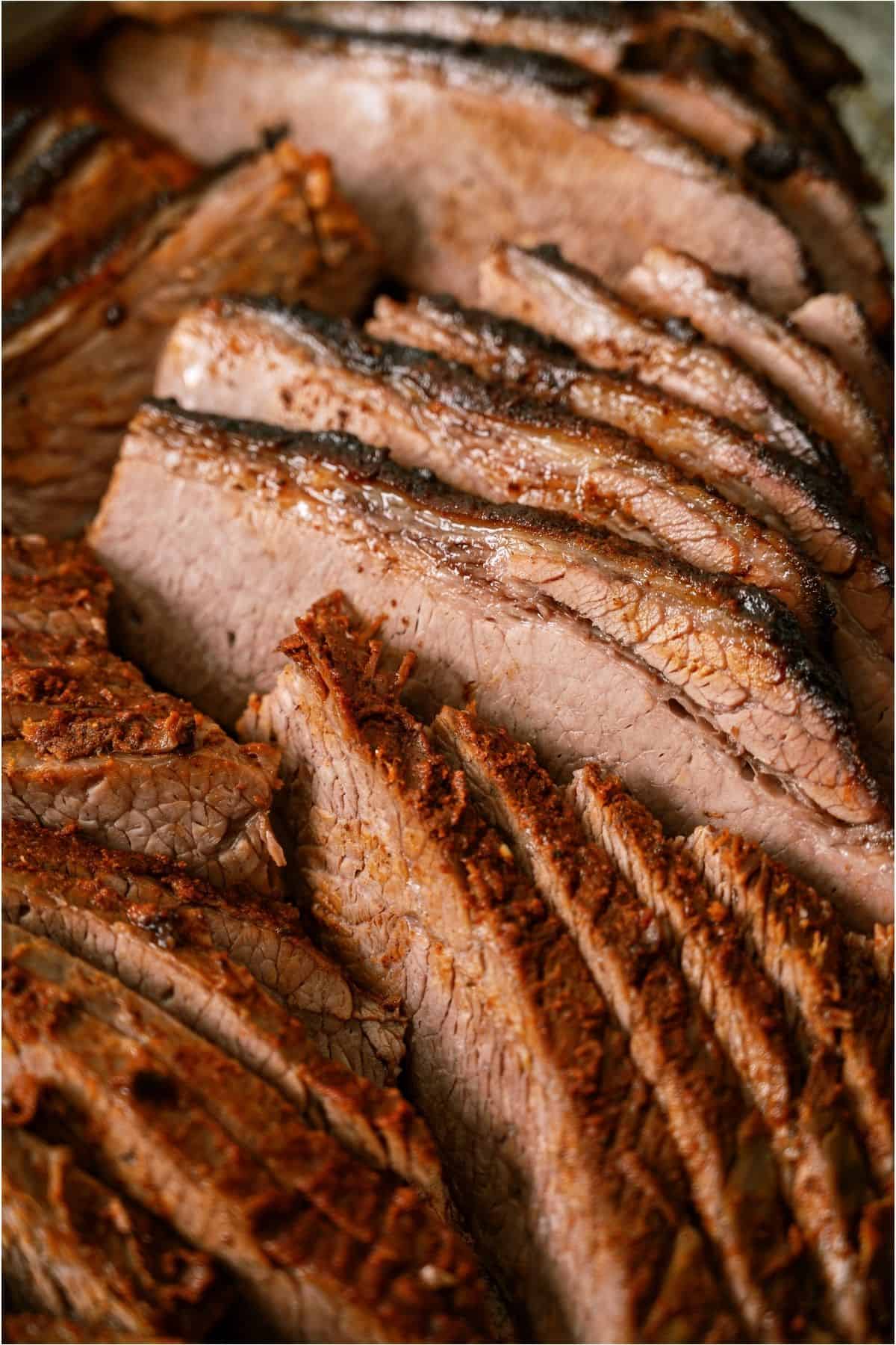 Close up of sliced Easy Smoked Brisket.