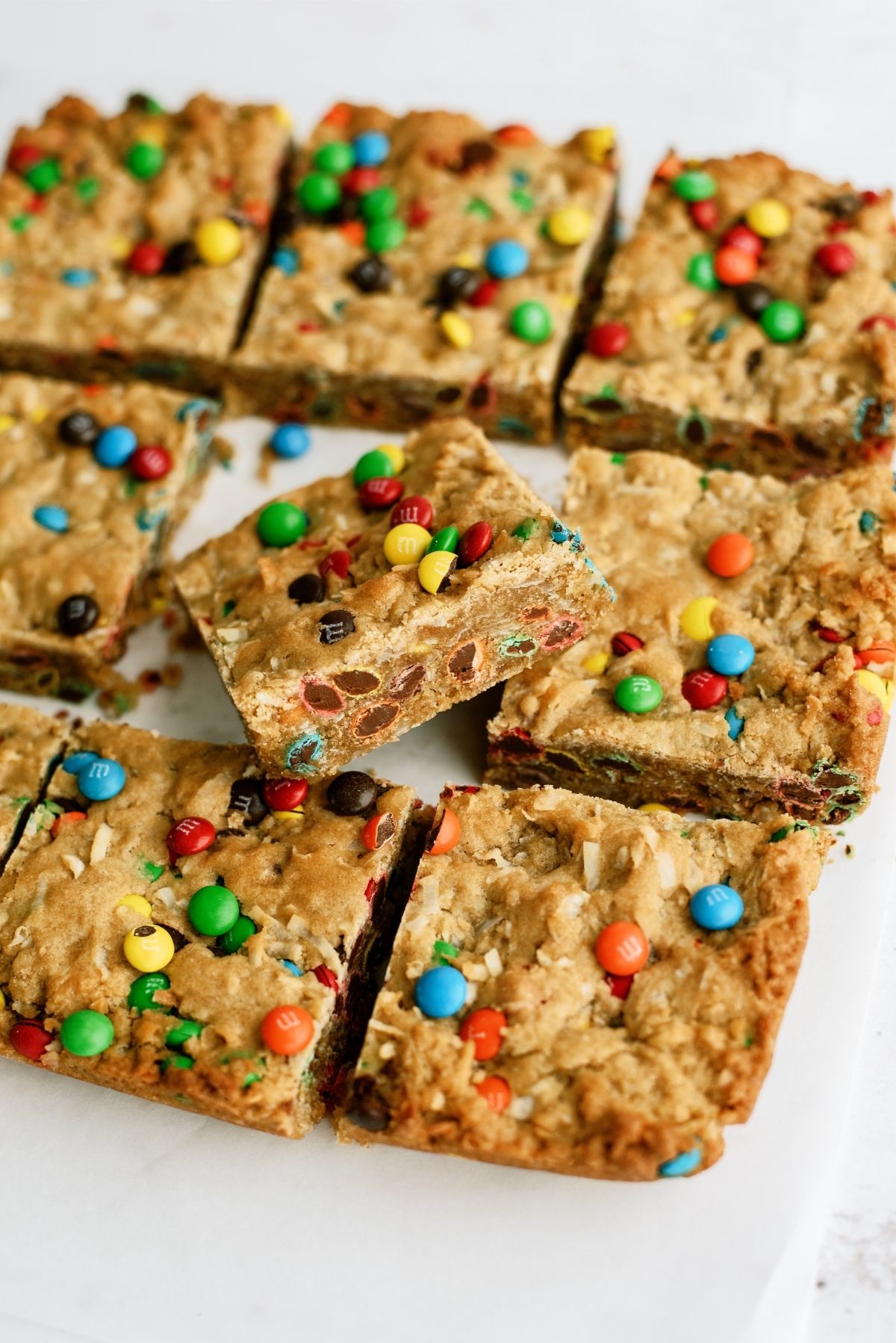 M & M Samoa Blondies cute into squares with one stacked