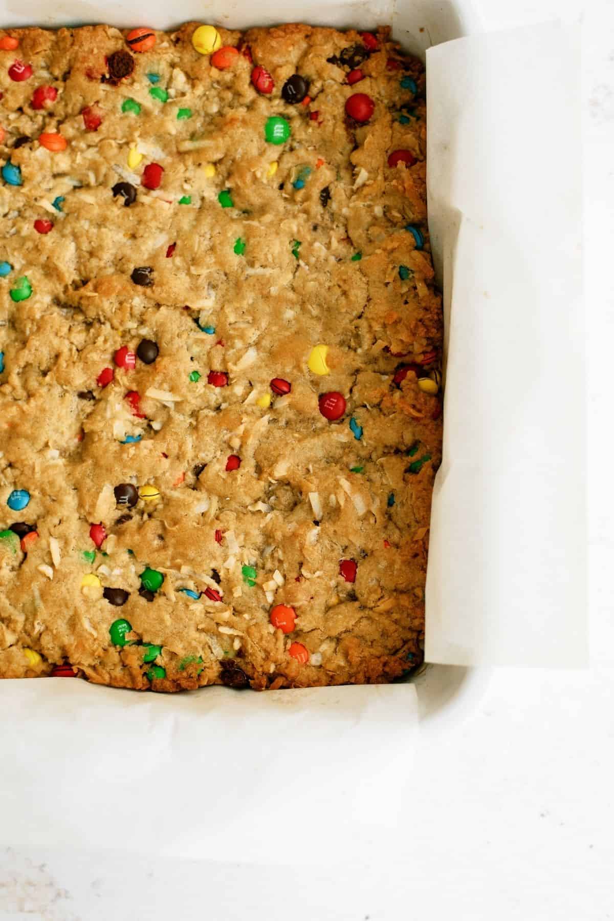 M & M Samoa Blondies in a baking pan