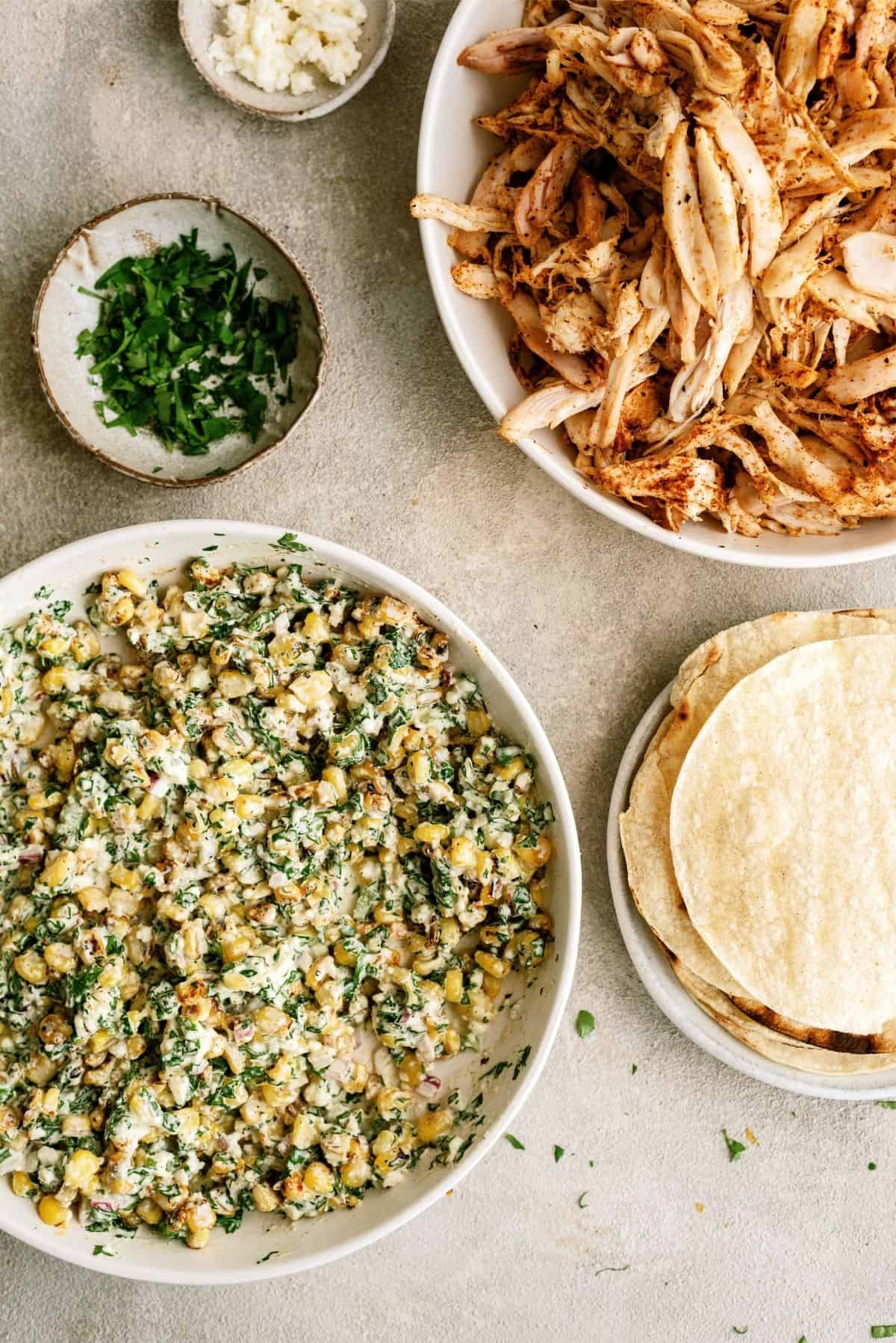 Ingredients to build Mexican Street Corn Chicken Tacos