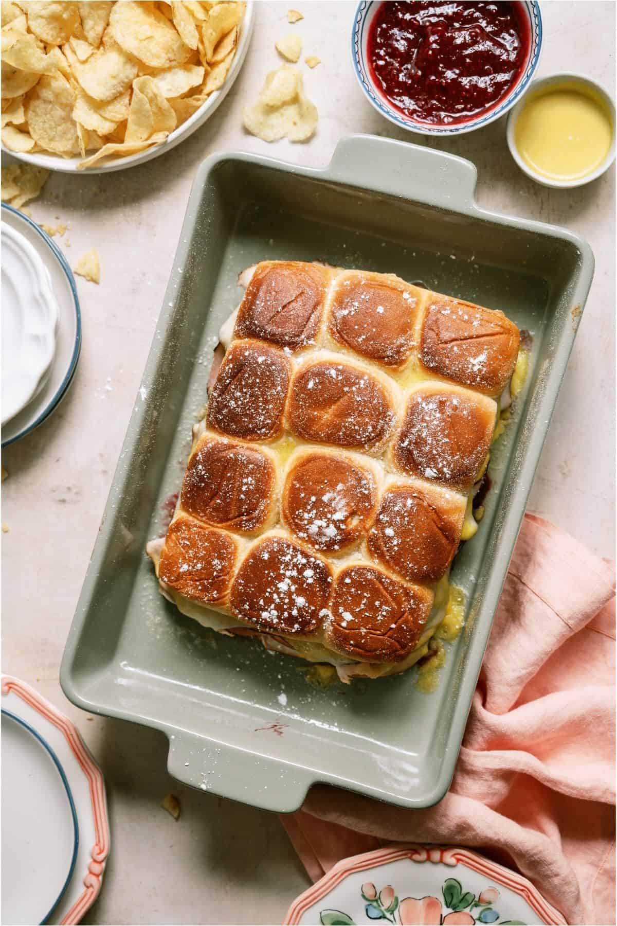 A pan full of Monte Cristo Slider Sandwiches.