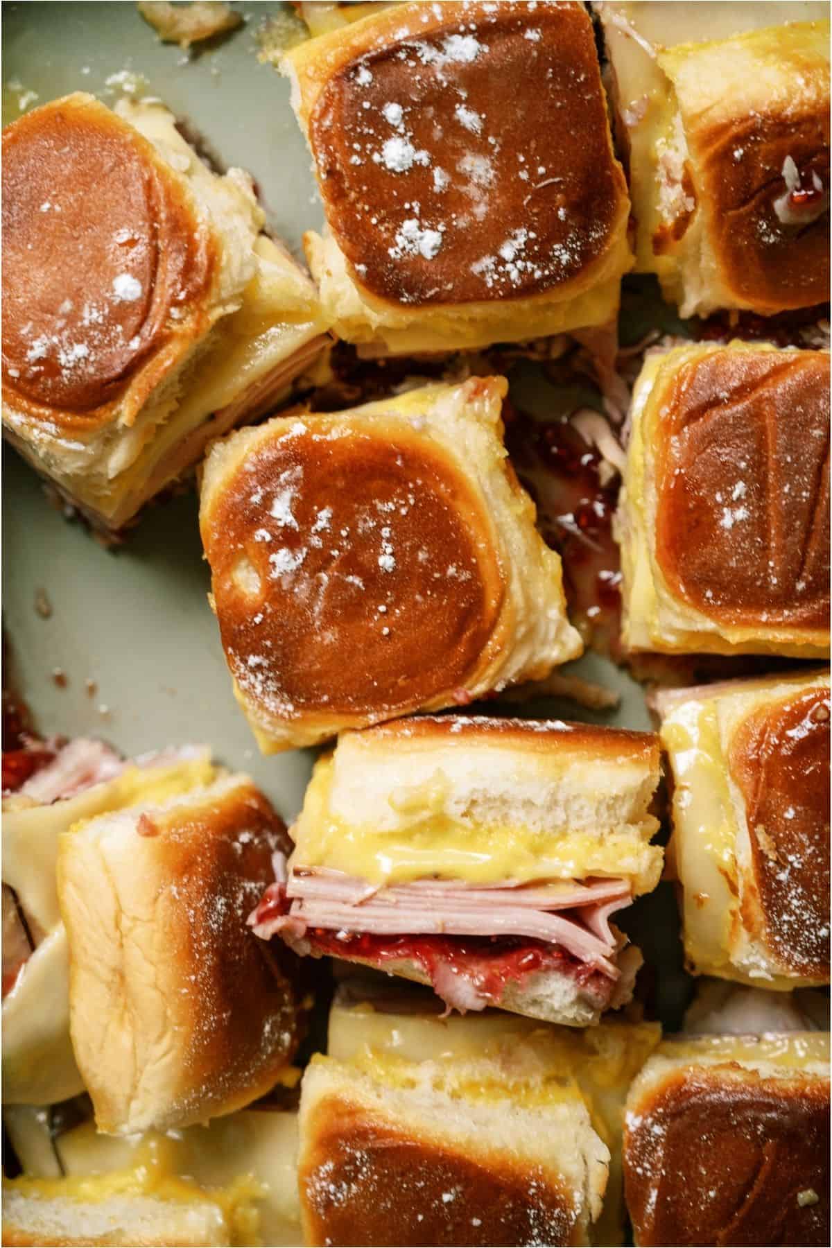 Monte Cristo Slider Sandwiches on a sheet pan.