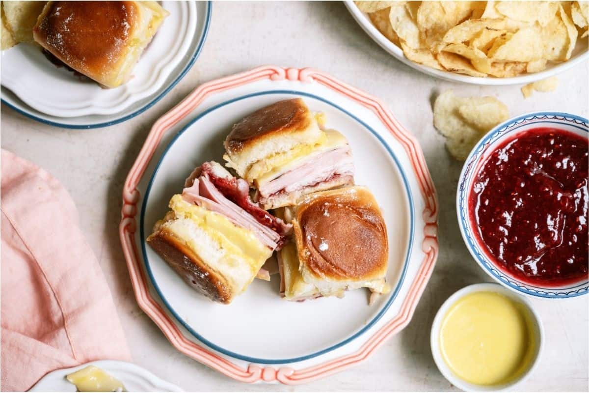 Top view of Monte Cristo Slider Sandwiches on a plate.