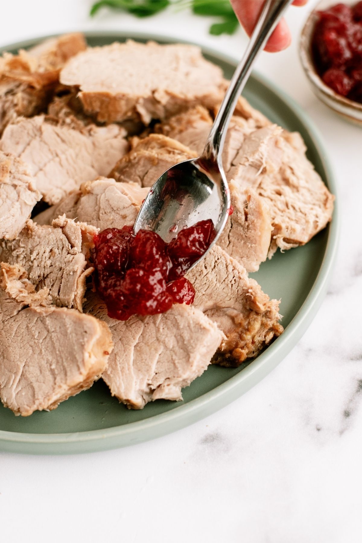 Slow Cooker Cranberry Pork Loin sliced on a plate with a spoonful of cranberry sauce