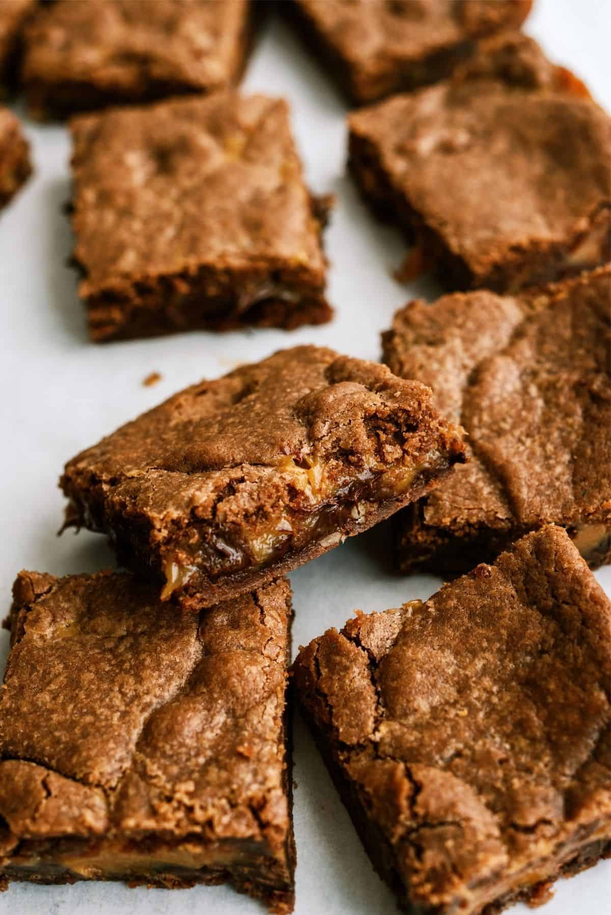 Cake Mix Caramel Brownies cut into squares