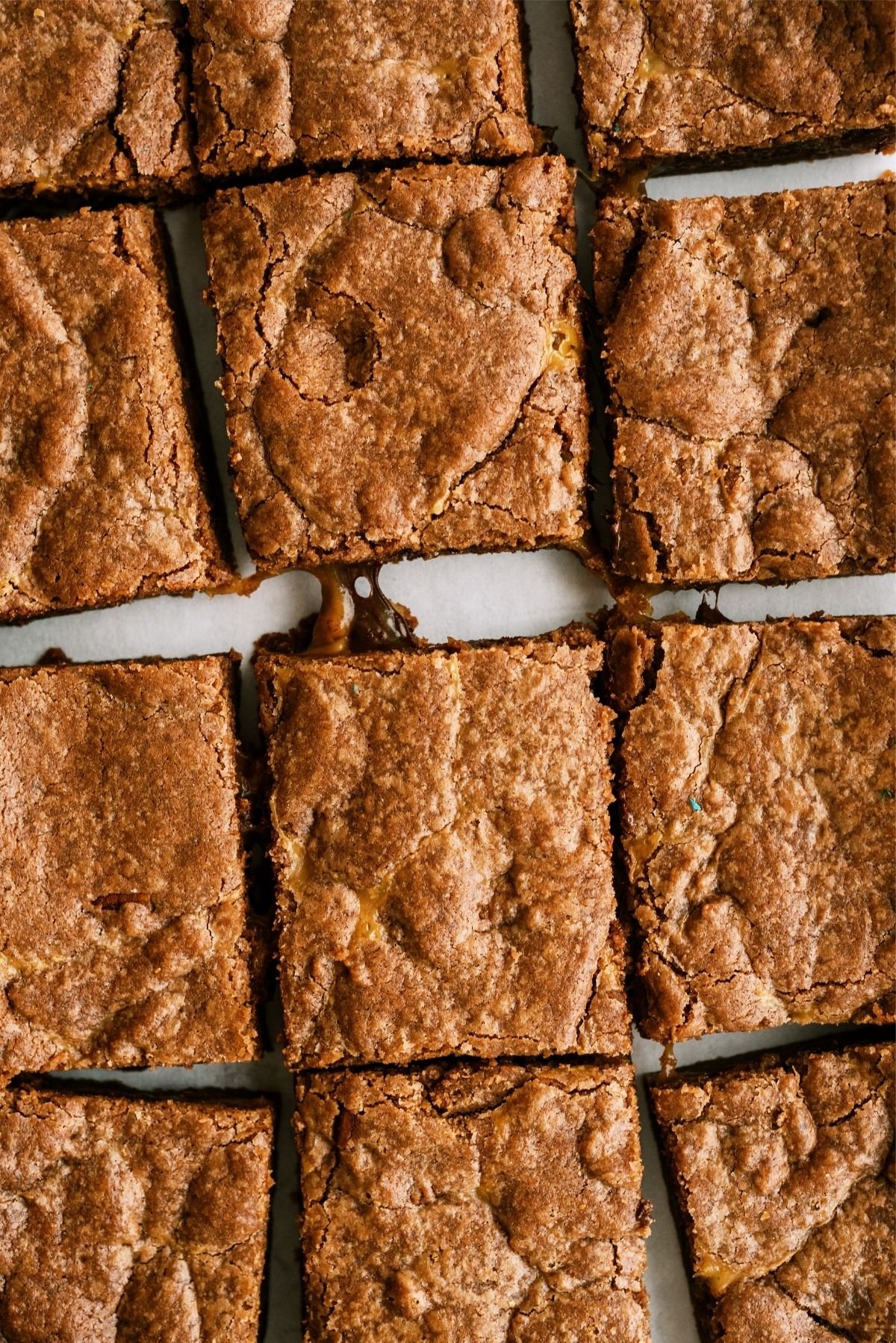 Cake Mix Caramel Brownies cut into squares