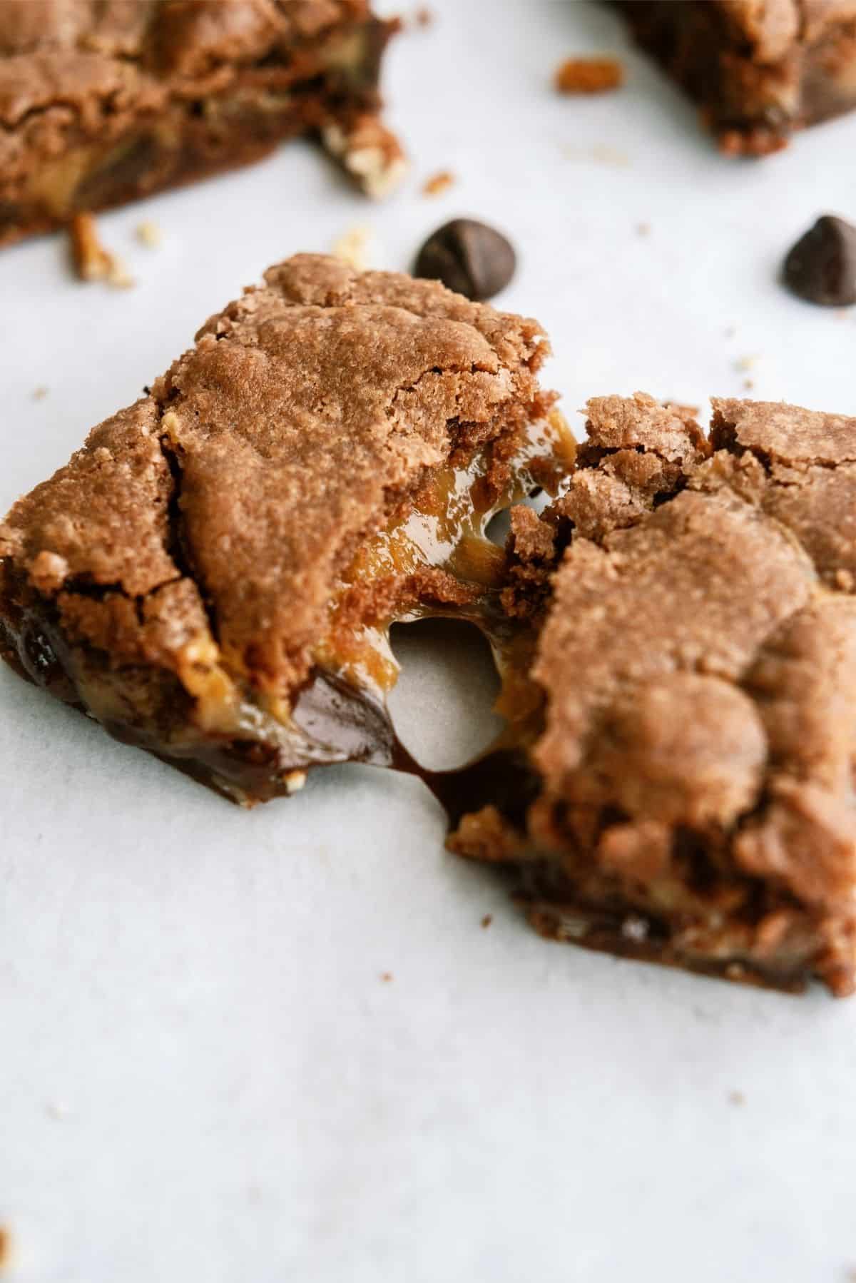 Cake Mix Caramel Brownie cut in half