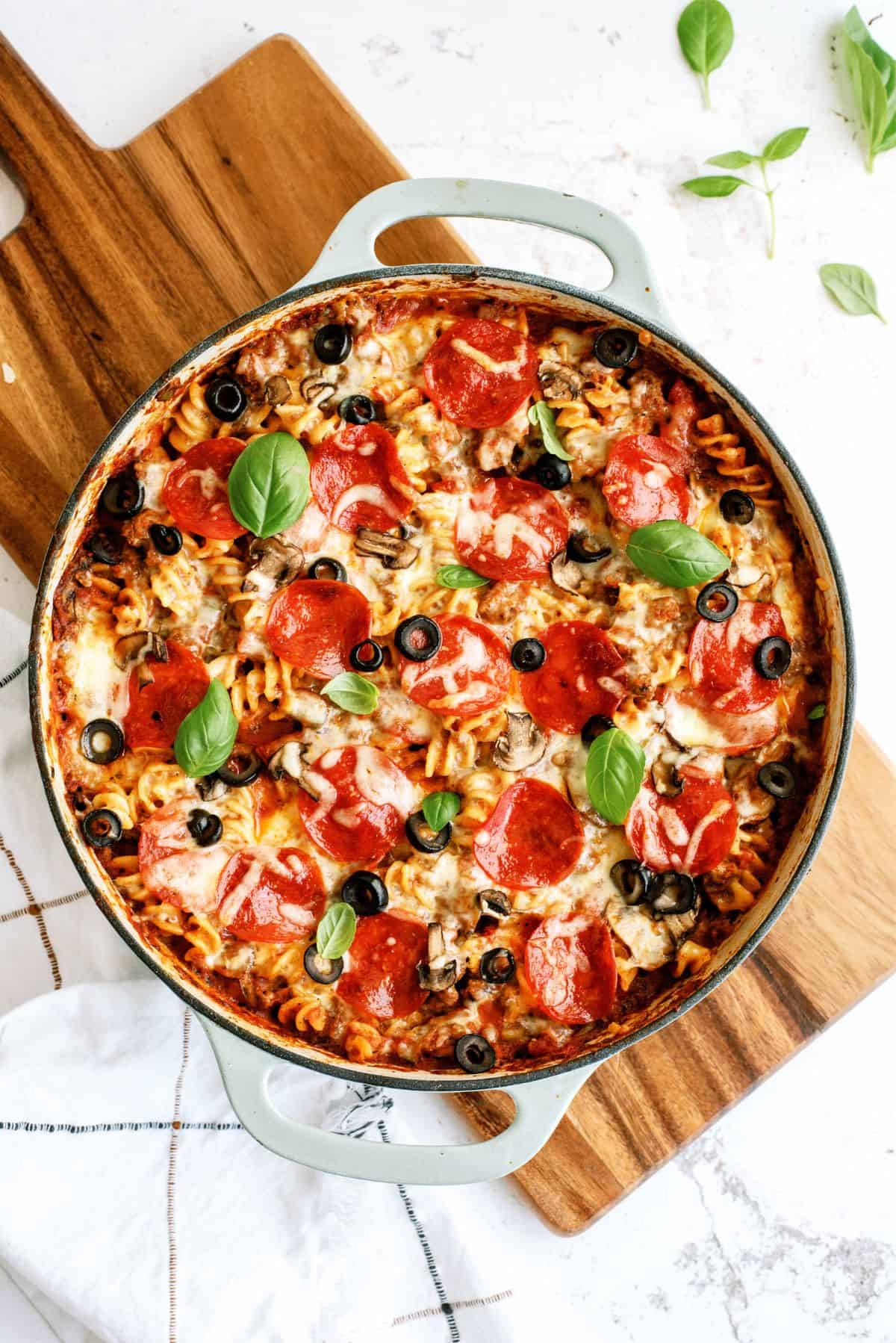 Top view of Cheesy Pizza Pasta Casserole in pan.