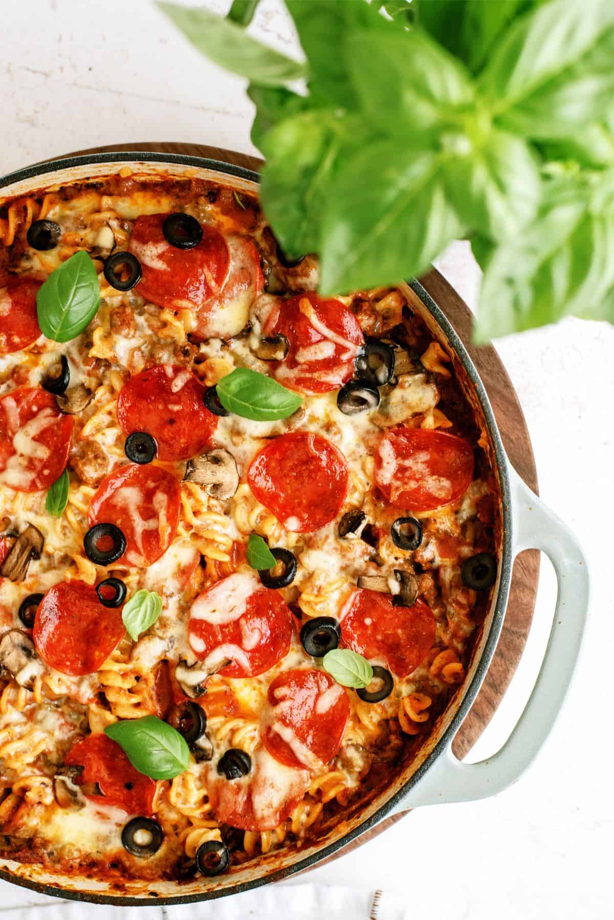 Top view of Cheesy Pizza Pasta Casserole in a pan