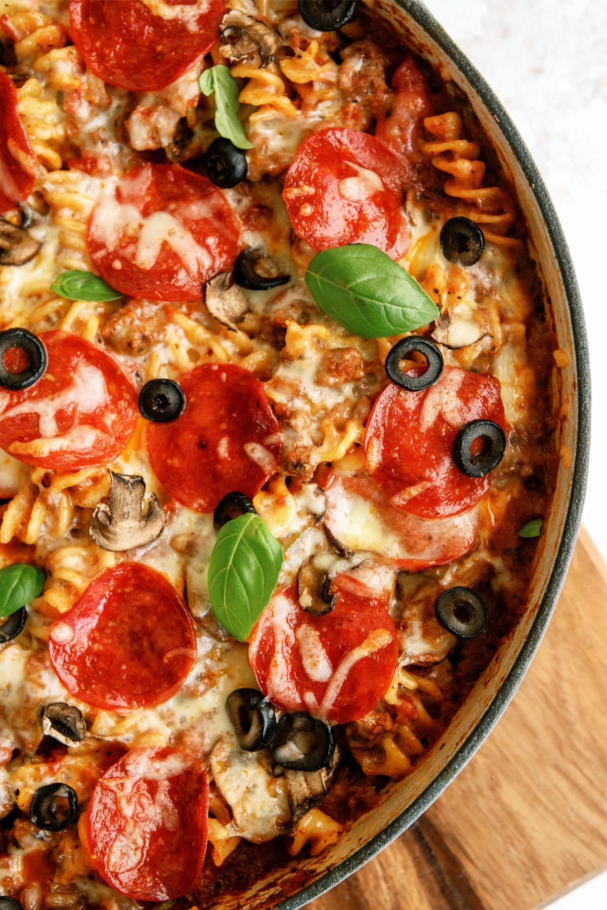 Close up of Cheesy Pizza Pasta Casserole Recipe 