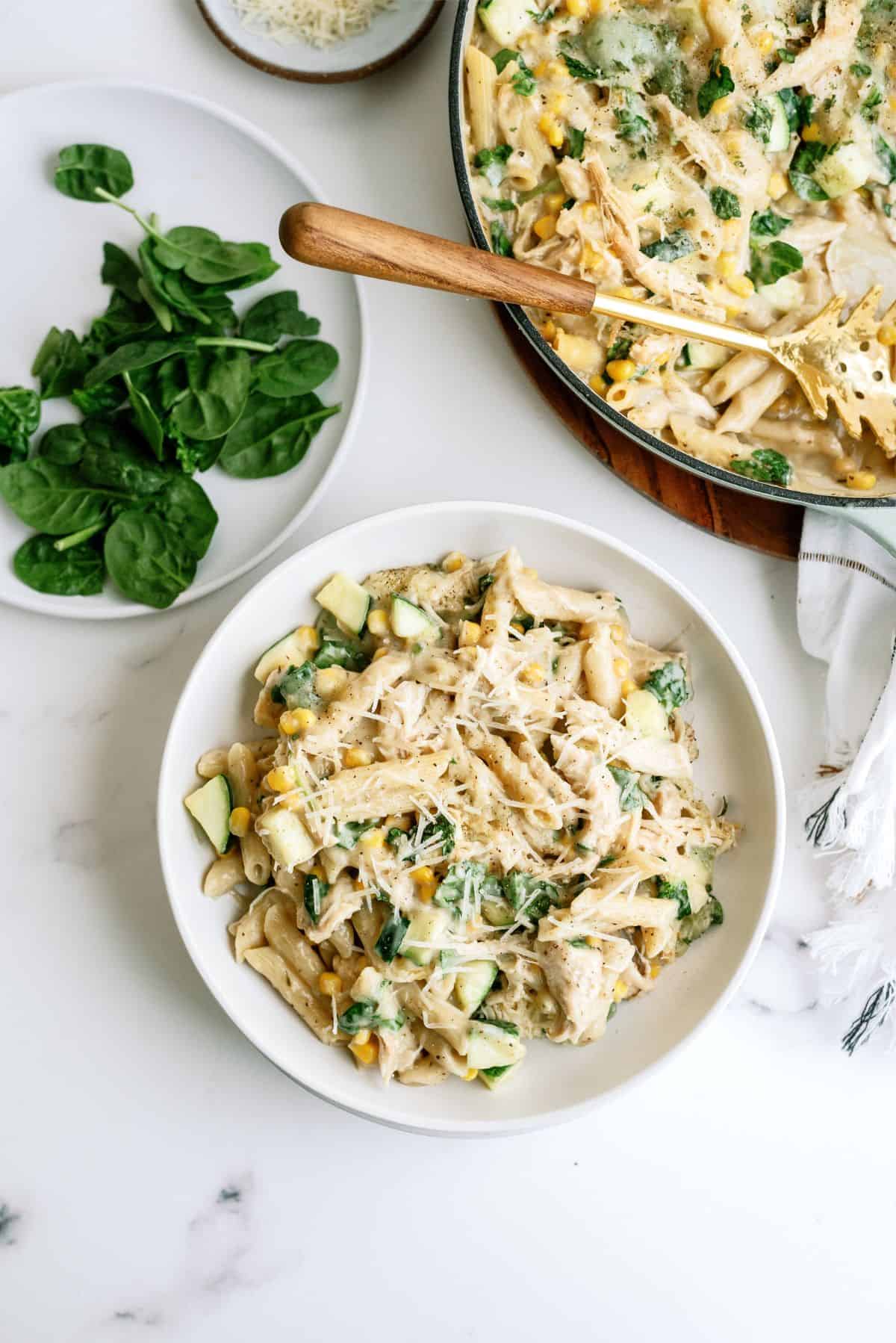 Chicken Pasta Casserole with Corn and Zucchini in a bowl