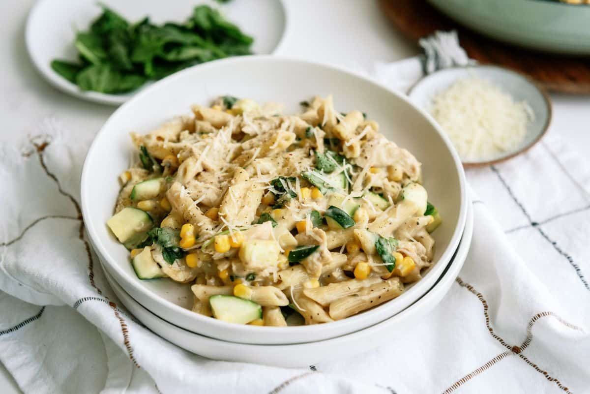 Chicken Pasta Casserole with Corn and Zucchini in a bowl