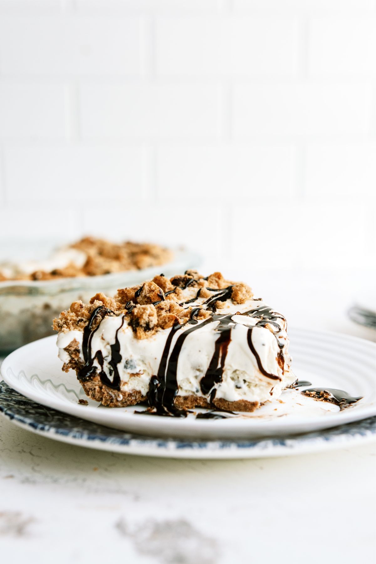 Slice of Chocolate Chip Cookie Ice Cream Pie on a plate