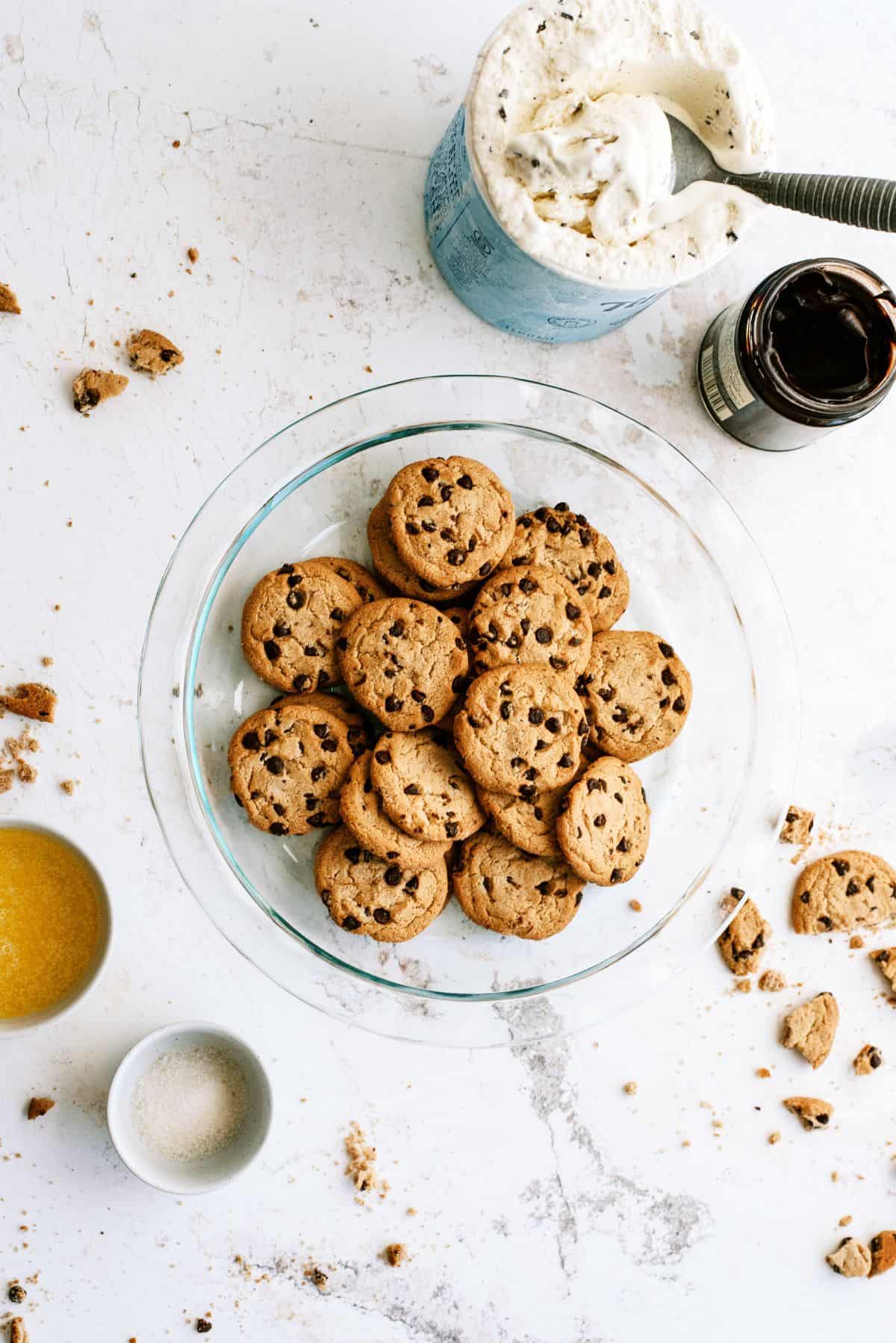 Ingredients needed to make Chocolate Chip Cookie Ice Cream Pie.