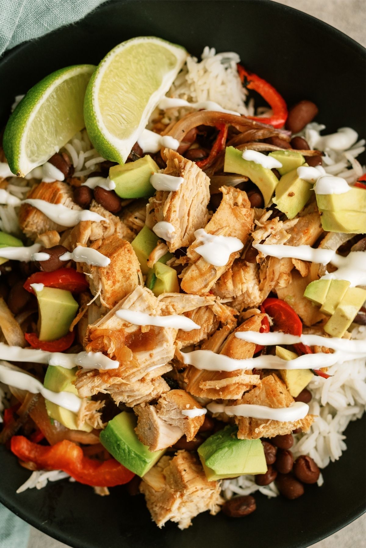 Close up of assembled Copycat Chipotle Chicken Bowl