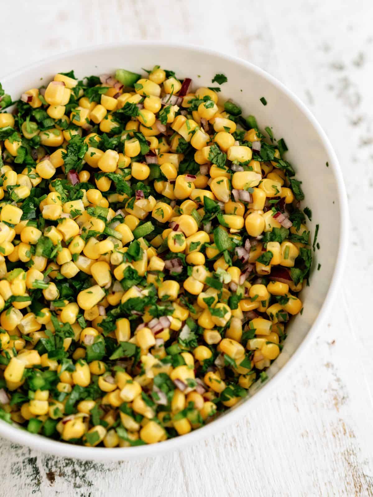 Close up of Copycat Chipotle Corn Salsa Recipe in a bowl