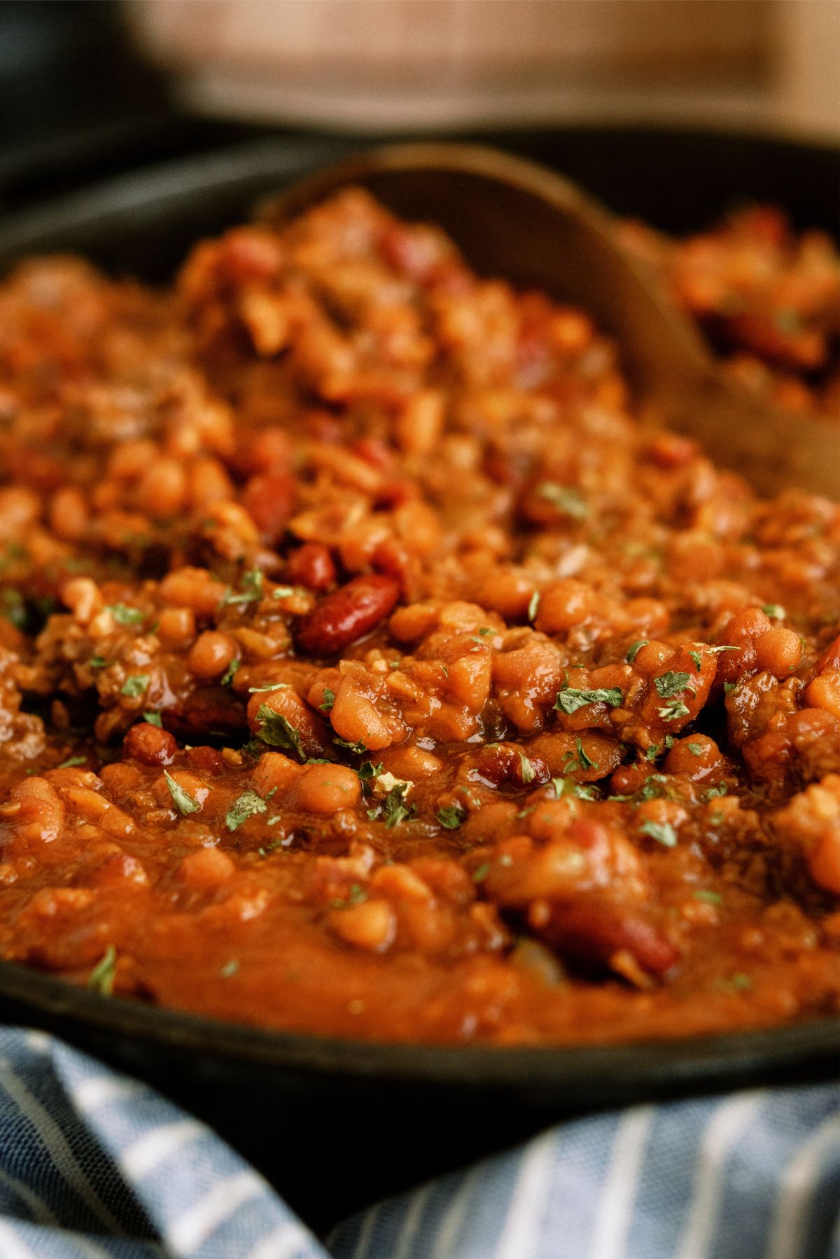 Close up of Cowboy Baked Beans in a pan