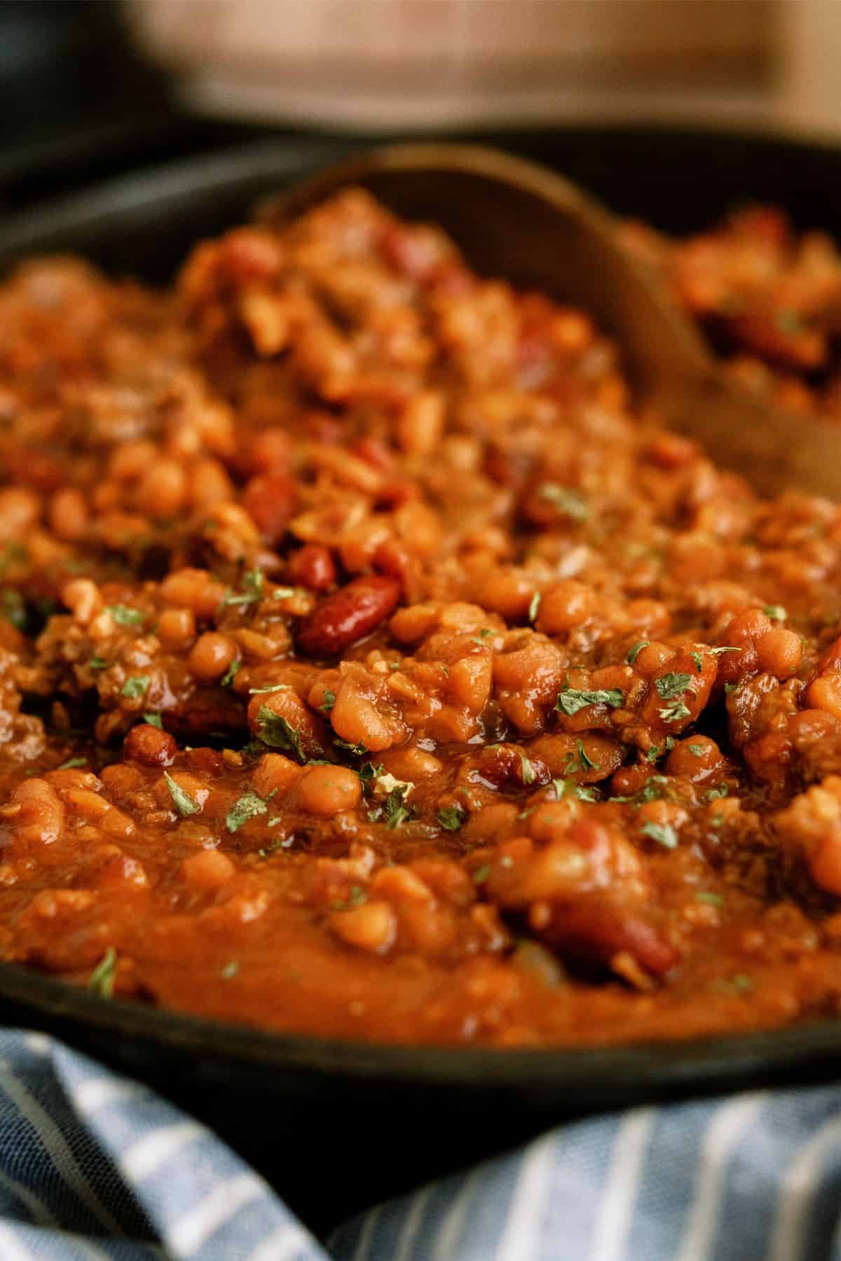 Close up of Cowboy Baked Beans in a pan