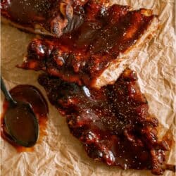 Top view of Instant Pot Bone-In Ribs on parchment paper.