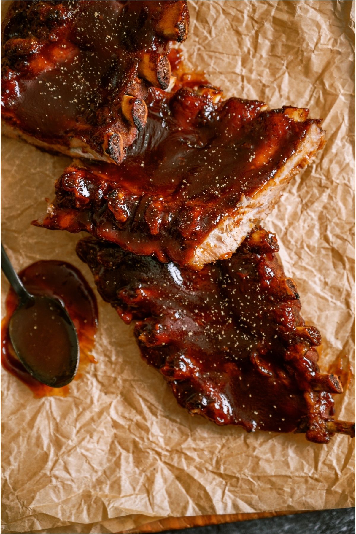 Top view of Instant Pot Bone-In Ribs on parchment paper.