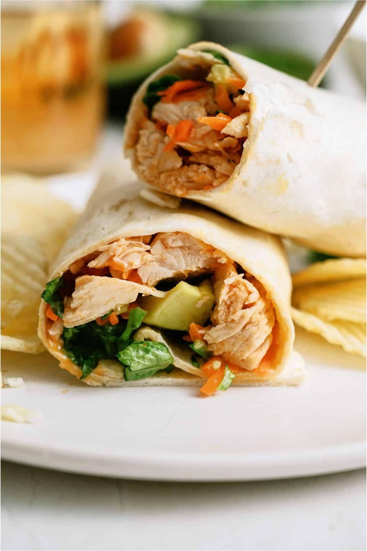Close up of the inside of an Instant Pot Buffalo Chicken Wraps.